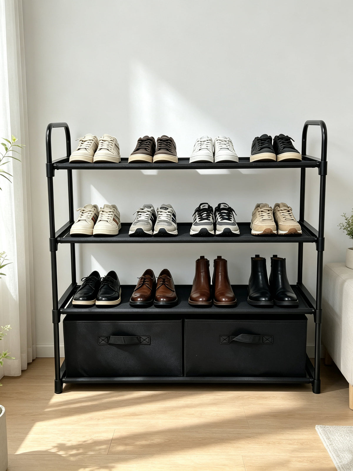 4-Shelf Closet Organizer with Two Fabric Bins, Black Metal Frame