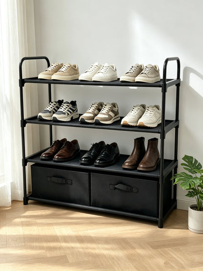 4-Shelf Closet Organizer with Two Fabric Bins, Black Metal Frame