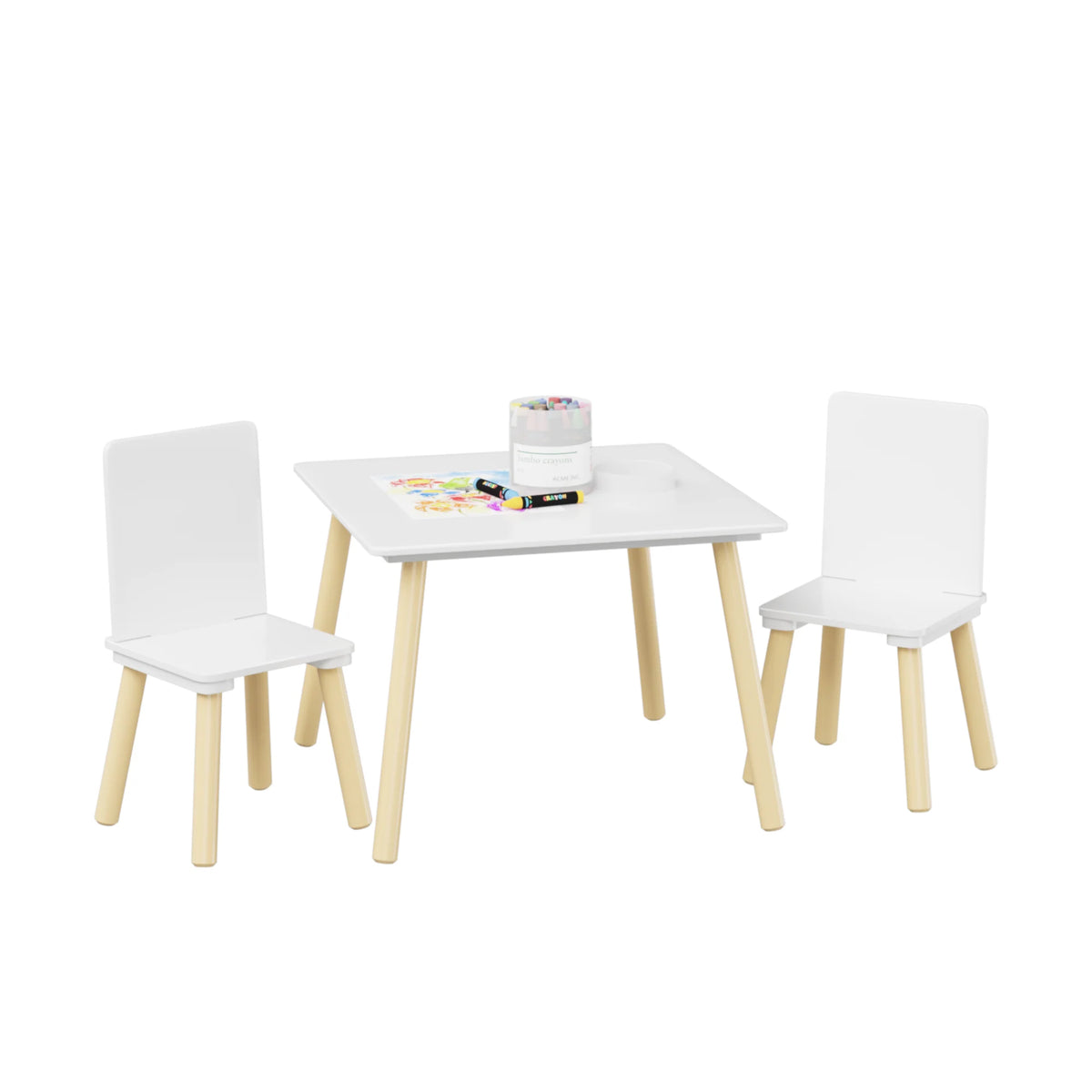 White Wooden 3-Piece Toddler Activity Table and Chair Set, Durable Solid Wood and MDF Construction, Compact Design for Indoor Use