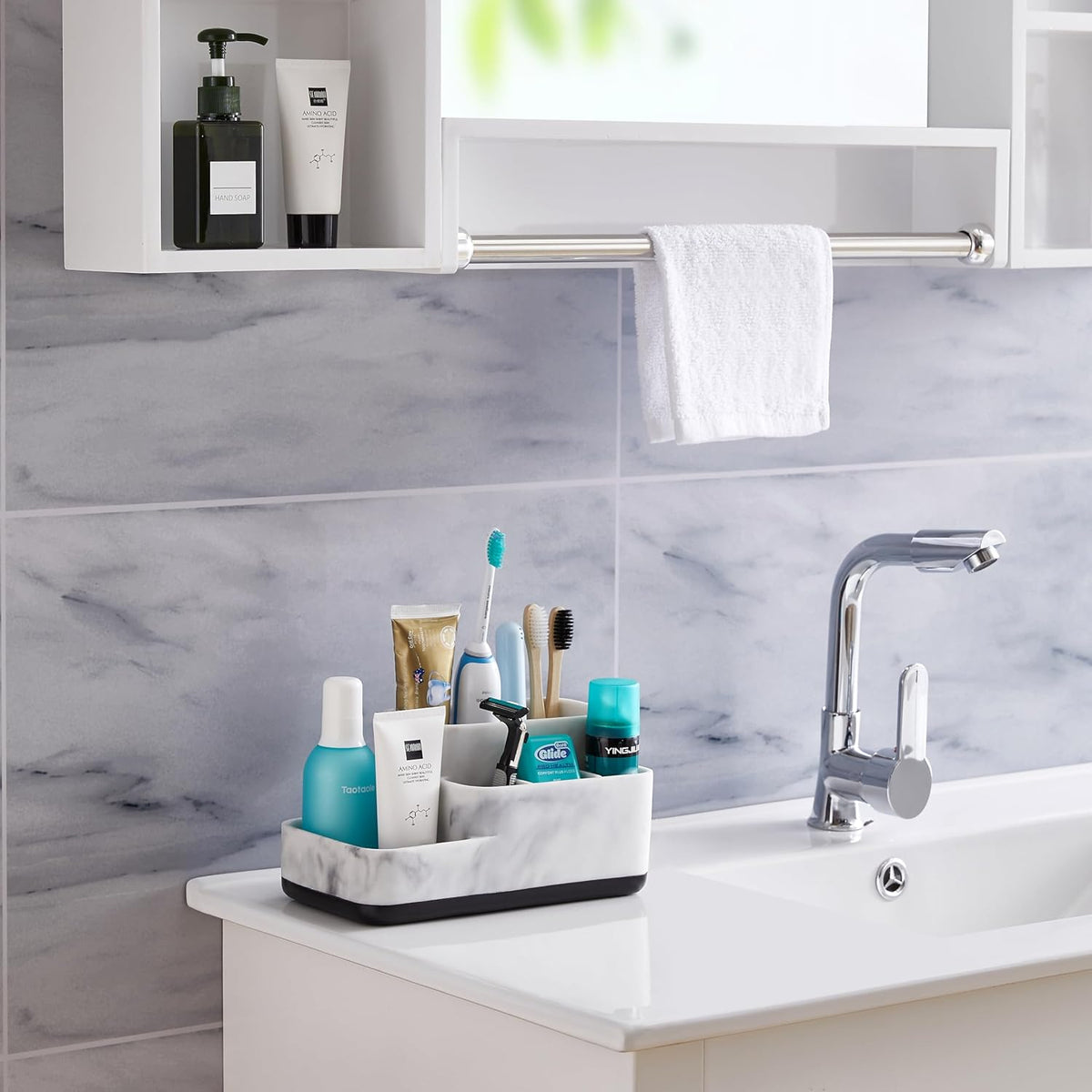 Multi-Functional Toothbrush Holder and Organizer - Elegant White Marble Countertop Storage for Makeup, Skincare, and Accessories