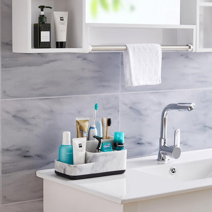 Multi-Functional Toothbrush Holder and Organizer - Elegant White Marble Countertop Storage for Makeup, Skincare, and Accessories