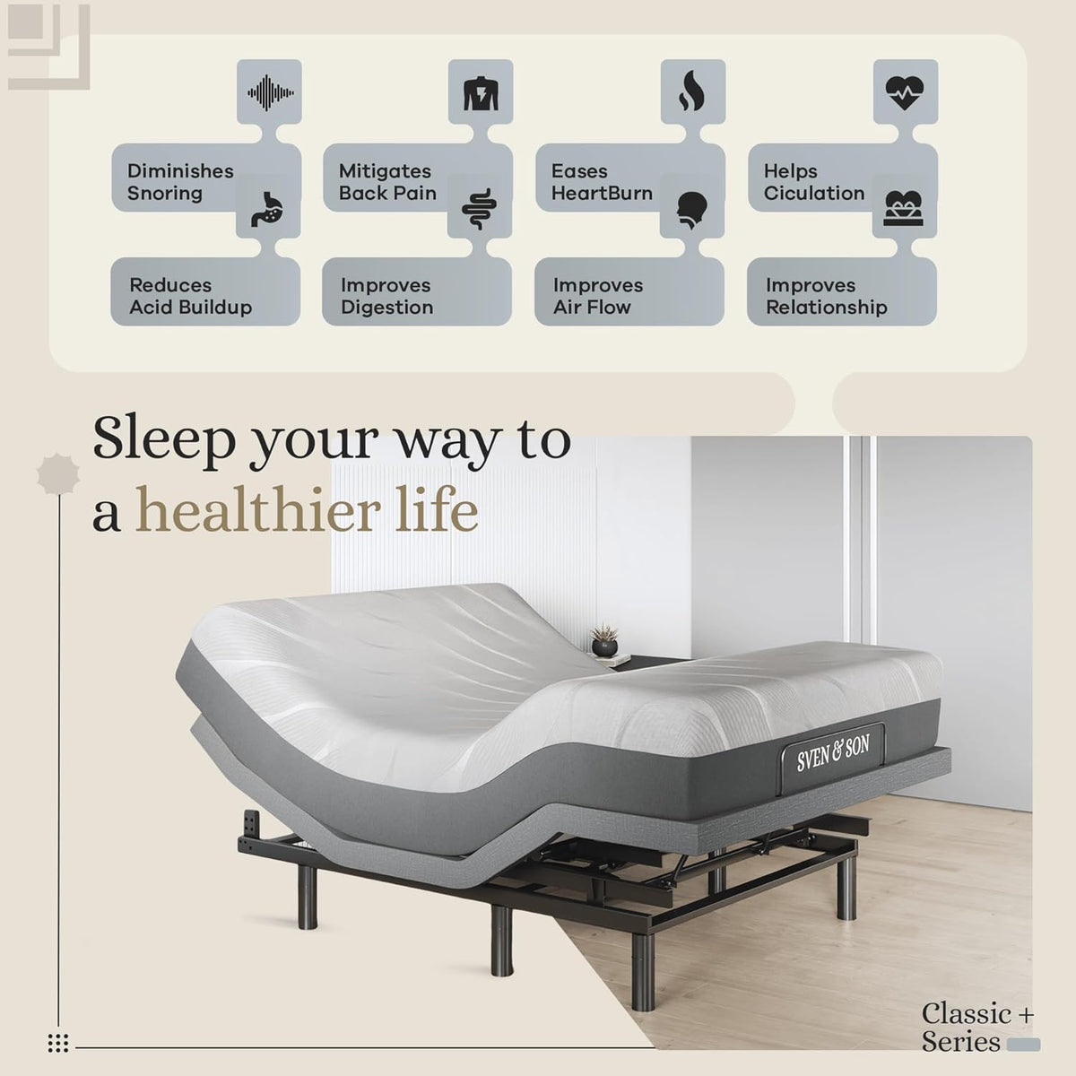 Sven & Son Harmony Adjustable Bed Base with Head and Foot Lift, Massage Function, Under-Bed Lighting, USB Ports, Gel Memory Foam, and Zero Gravity Smart Frame - Queen Size with 10-Inch Firm Memory Foam Mattress