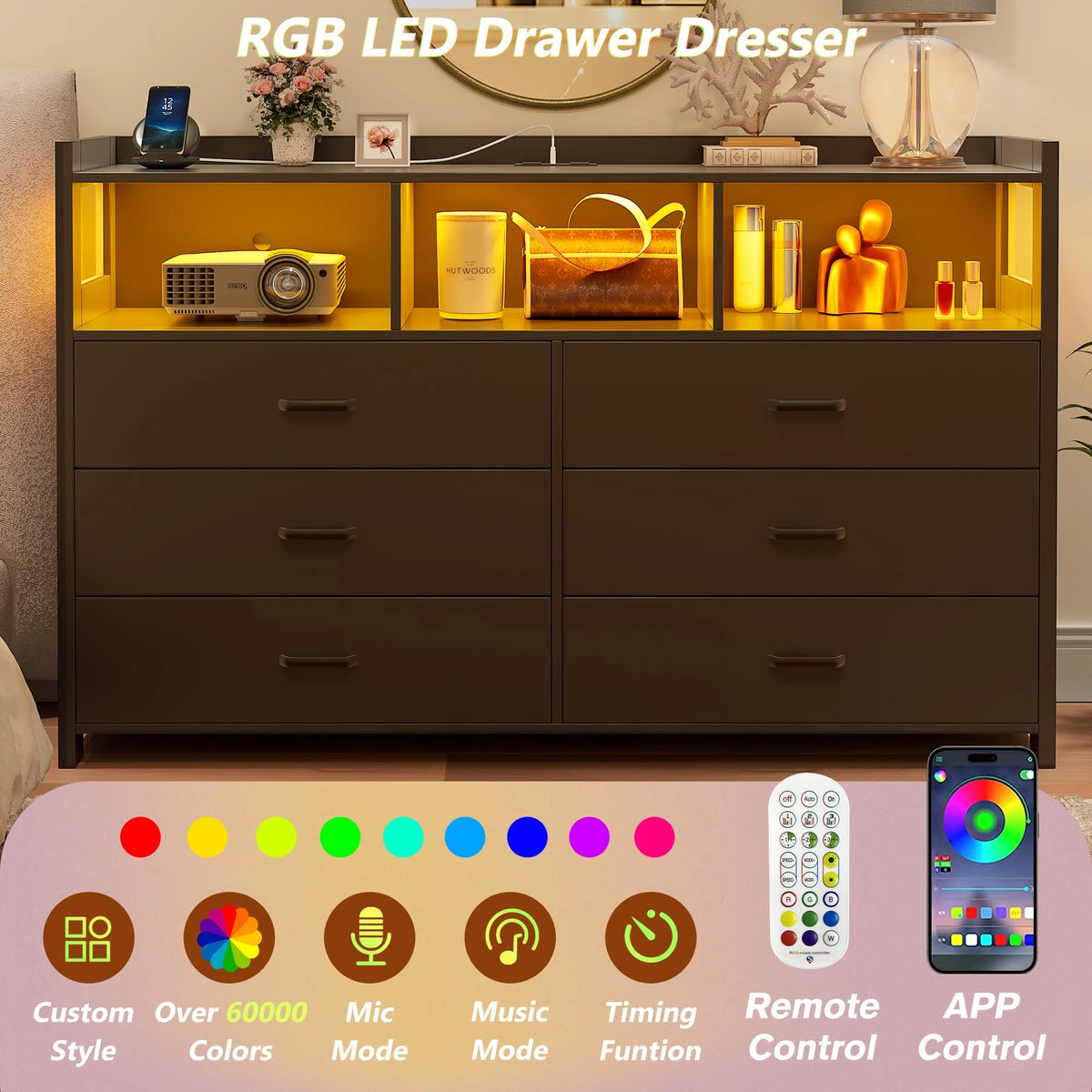Modern Black Wooden Dresser with 6 Drawers and Integrated Power Outlets for Bedroom