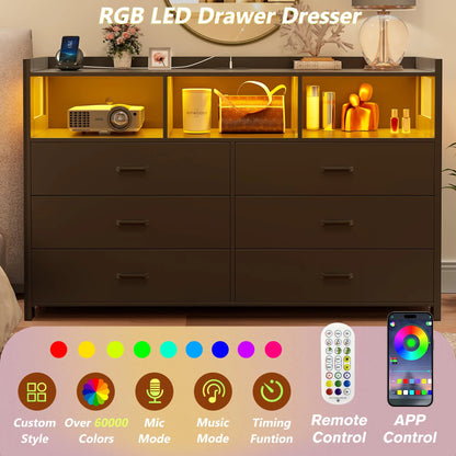 Modern Black Wooden Dresser with 6 Drawers and Integrated Power Outlets for Bedroom