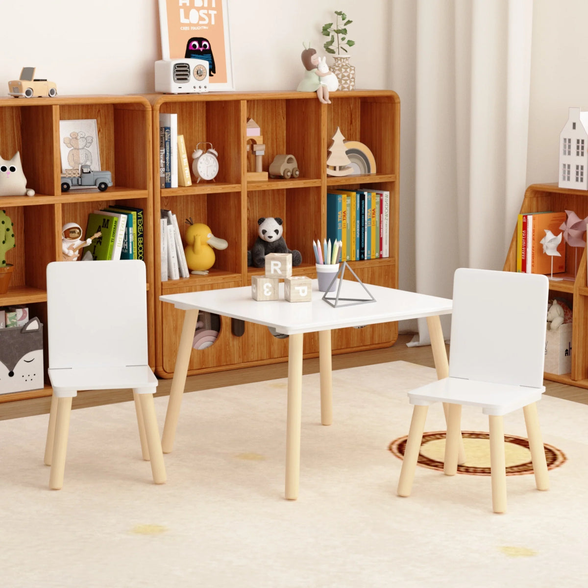 White Wooden 3-Piece Toddler Activity Table and Chair Set, Durable Solid Wood and MDF Construction, Compact Design for Indoor Use