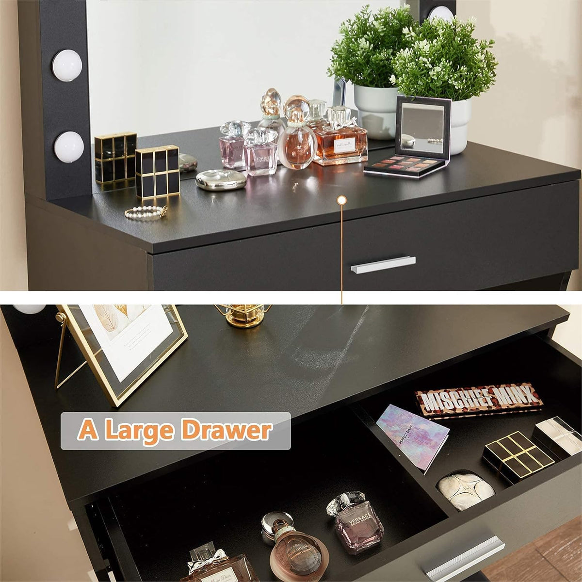 Makeup Vanity Desk with Adjustable Brightness Mirror and Sturdy Wood Construction, 31.5-Inch, Black Finish