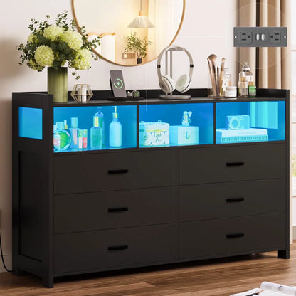 Modern Black Wooden Dresser with 6 Drawers and Integrated Power Outlets for Bedroom