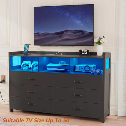 Modern Black Wooden Dresser with 6 Drawers and Integrated Power Outlets for Bedroom