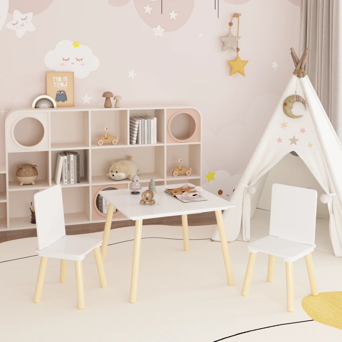 White Wooden 3-Piece Toddler Activity Table and Chair Set, Durable Solid Wood and MDF Construction, Compact Design for Indoor Use