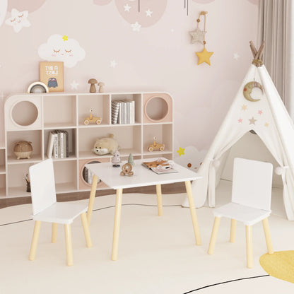 White Wooden 3-Piece Toddler Activity Table and Chair Set, Durable Solid Wood and MDF Construction, Compact Design for Indoor Use