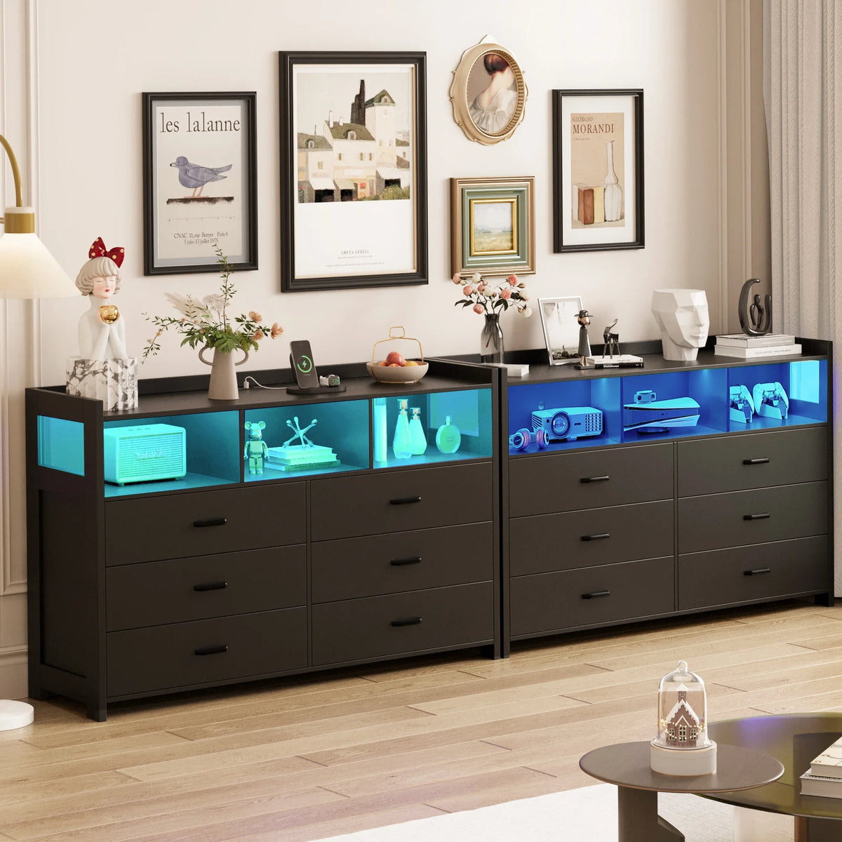 Modern Black Wooden Dresser with 6 Drawers and Integrated Power Outlets for Bedroom