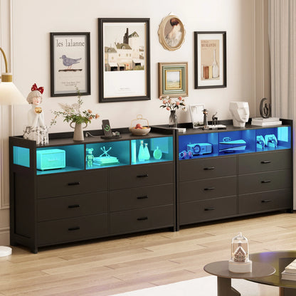 Modern Black Wooden Dresser with 6 Drawers and Integrated Power Outlets for Bedroom