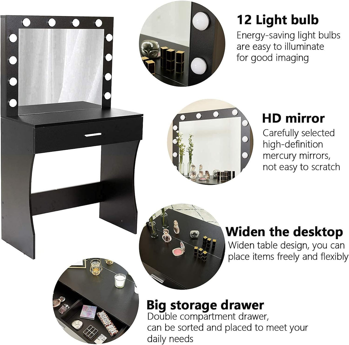 Makeup Vanity Desk with Adjustable Brightness Mirror and Sturdy Wood Construction, 31.5-Inch, Black Finish