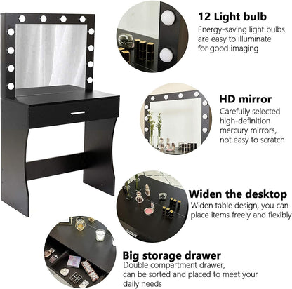 Makeup Vanity Desk with Adjustable Brightness Mirror and Sturdy Wood Construction, 31.5-Inch, Black Finish