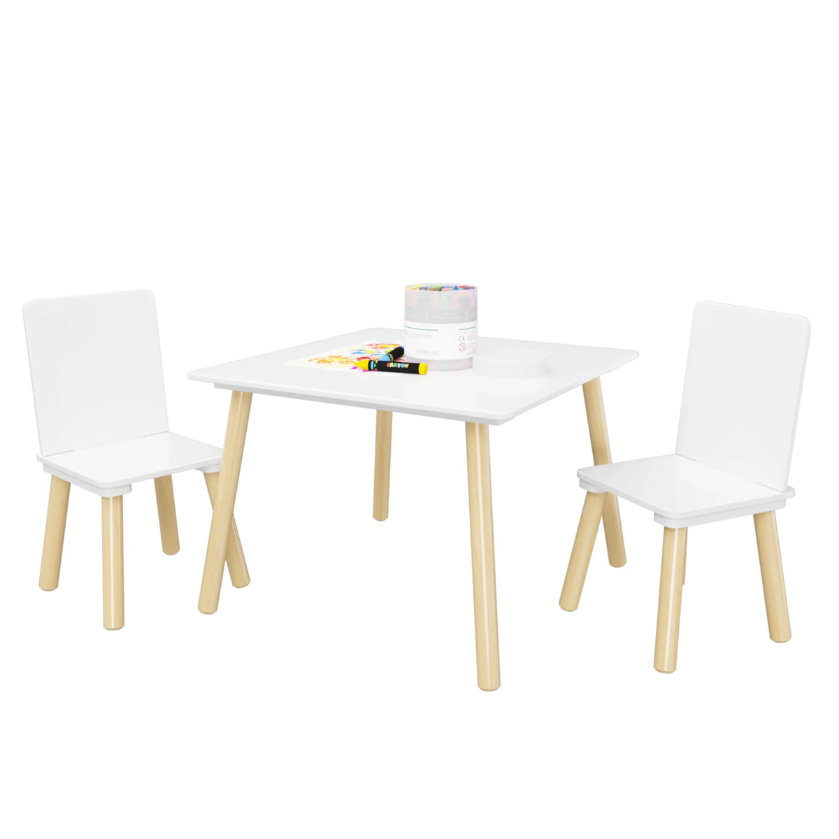 White Wooden 3-Piece Toddler Activity Table and Chair Set, Durable Solid Wood and MDF Construction, Compact Design for Indoor Use