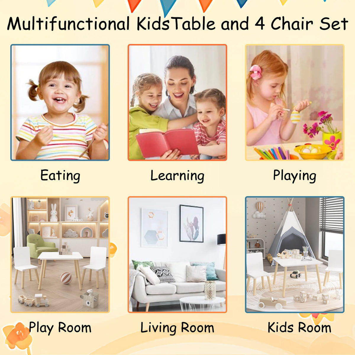 White Wooden 3-Piece Toddler Activity Table and Chair Set, Durable Solid Wood and MDF Construction, Compact Design for Indoor Use