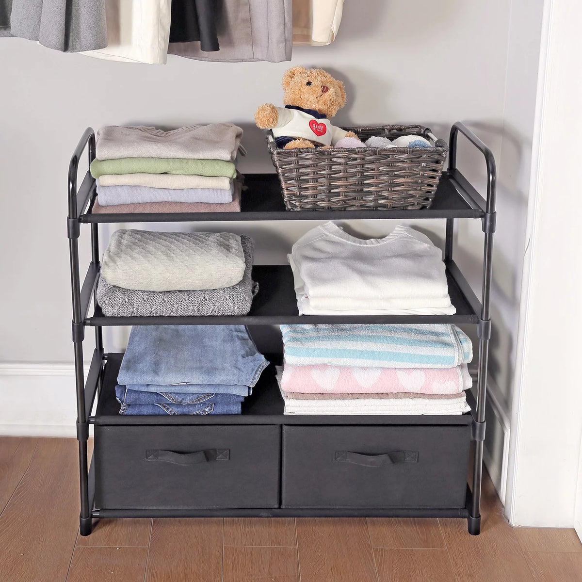 4-Shelf Closet Organizer with Two Fabric Bins, Black Metal Frame