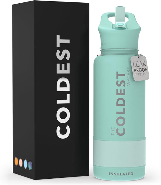 Coldest Stainless Steel Insulated Water Bottle with Straw Lid - 32 Oz Oceanic Green for Men and Women
