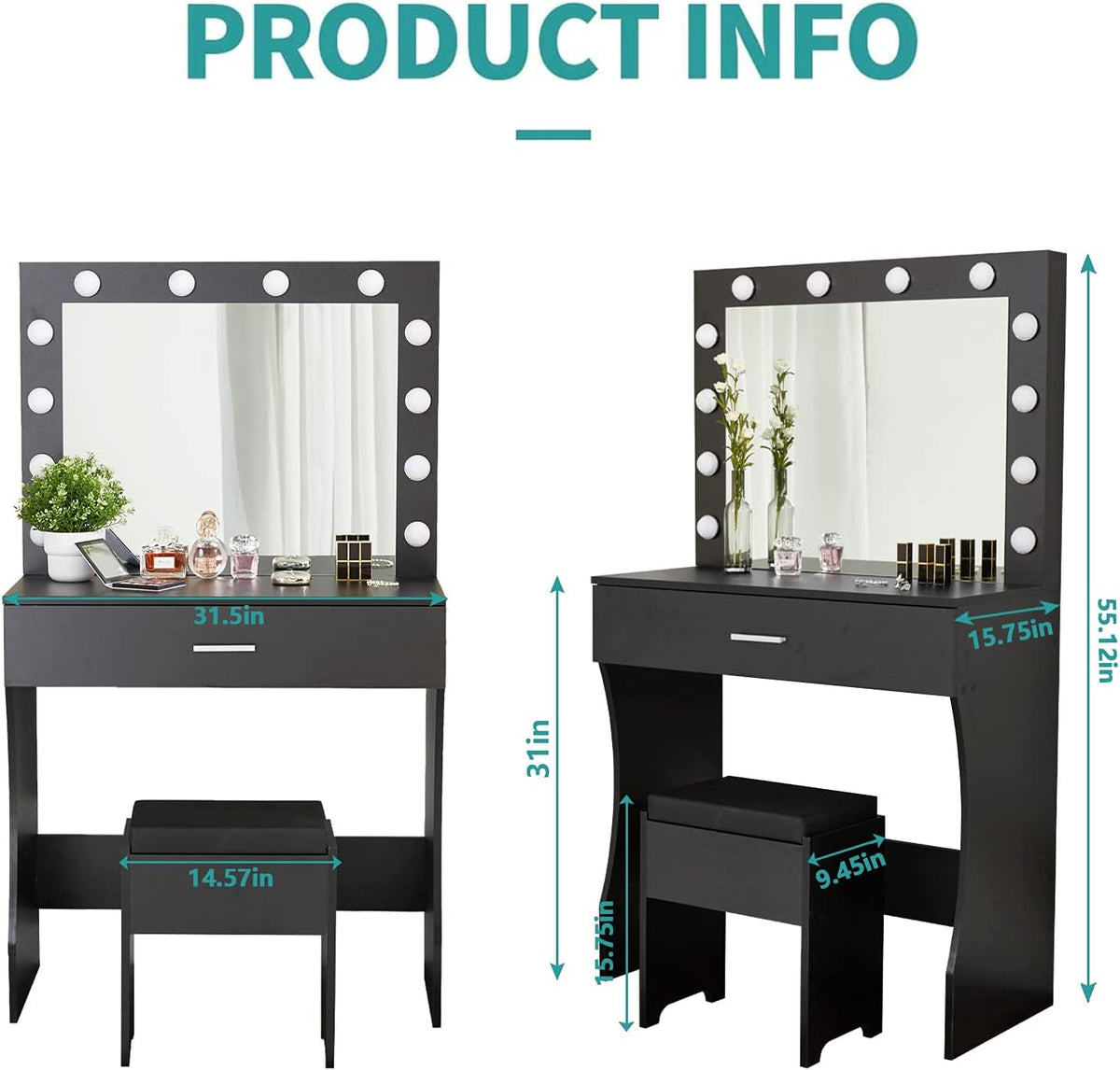 Makeup Vanity Desk with Adjustable Brightness Mirror and Sturdy Wood Construction, 31.5-Inch, Black Finish