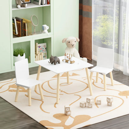 White Wooden 3-Piece Toddler Activity Table and Chair Set, Durable Solid Wood and MDF Construction, Compact Design for Indoor Use
