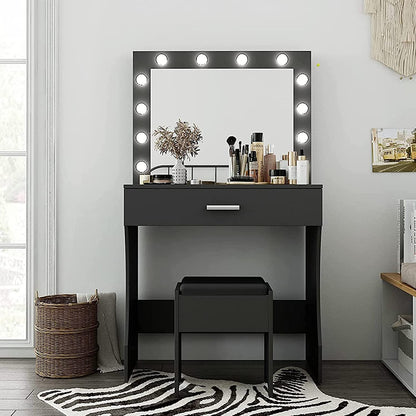 Makeup Vanity Desk with Adjustable Brightness Mirror and Sturdy Wood Construction, 31.5-Inch, Black Finish