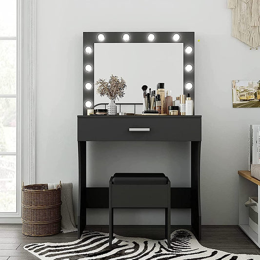 Makeup Vanity Desk with Adjustable Brightness Mirror and Sturdy Wood Construction, 31.5-Inch, Black Finish