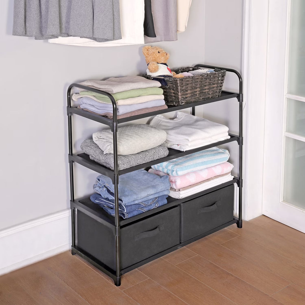 4-Shelf Closet Organizer with Two Fabric Bins, Black Metal Frame