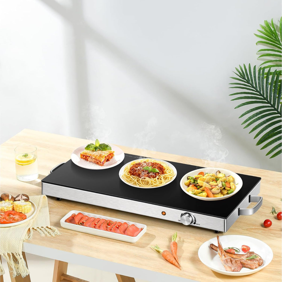Electric Food Warmer Set - 2 Pack, 22'' x 15'' Adjustable Temperature Control, Tempered Glass Surface, Ideal for Buffets, Restaurants, and Events