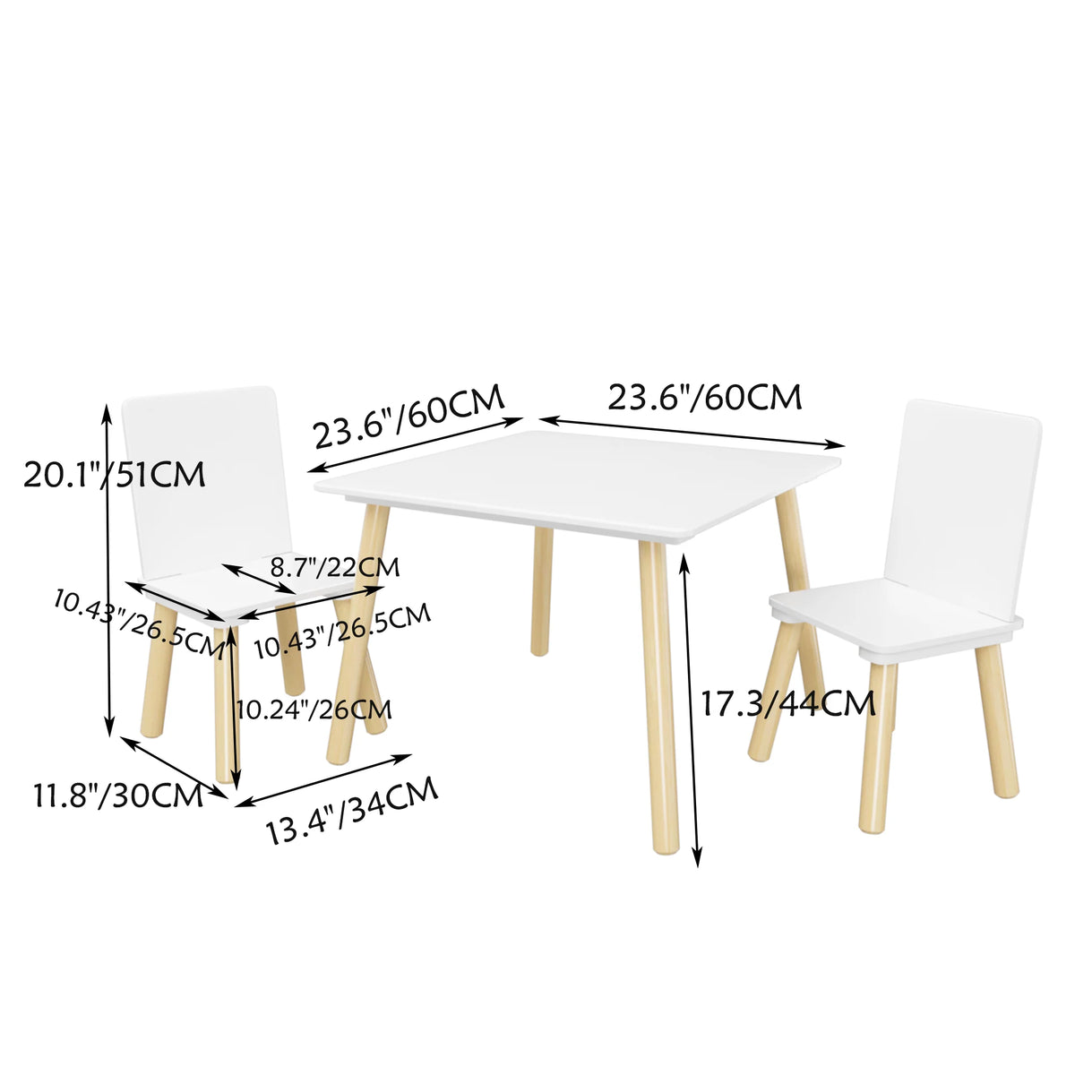 White Wooden 3-Piece Toddler Activity Table and Chair Set, Durable Solid Wood and MDF Construction, Compact Design for Indoor Use
