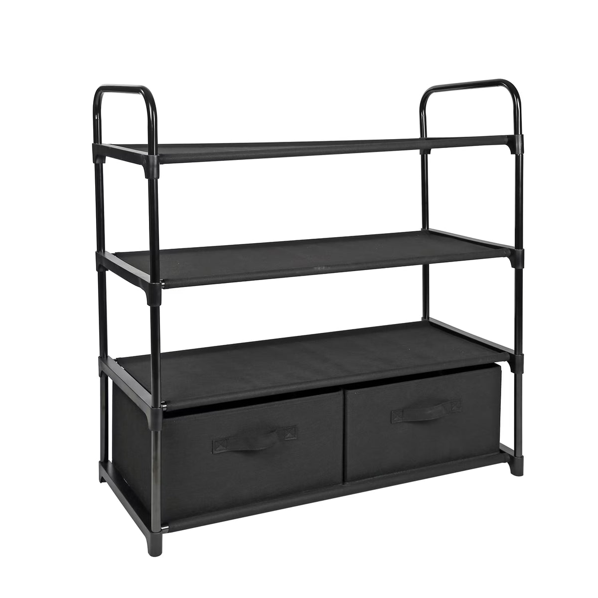 4-Shelf Closet Organizer with Two Fabric Bins, Black Metal Frame
