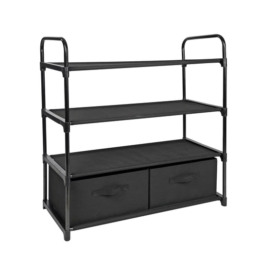 4-Shelf Closet Organizer with Two Fabric Bins, Black Metal Frame