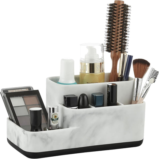 Multi-Functional Toothbrush Holder and Organizer - Elegant White Marble Countertop Storage for Makeup, Skincare, and Accessories