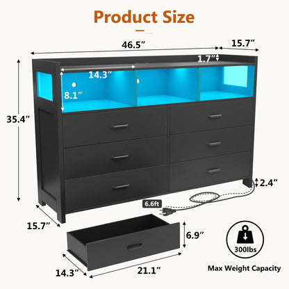 Modern Black Wooden Dresser with 6 Drawers and Integrated Power Outlets for Bedroom