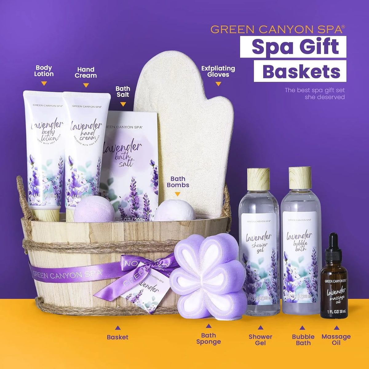 Lavender Spa Gift Set for Women, 11-Piece Luxury Bath Basket Collection - Ideal Relaxation Birthday Gift for Moms and Self-Care Enthusiasts