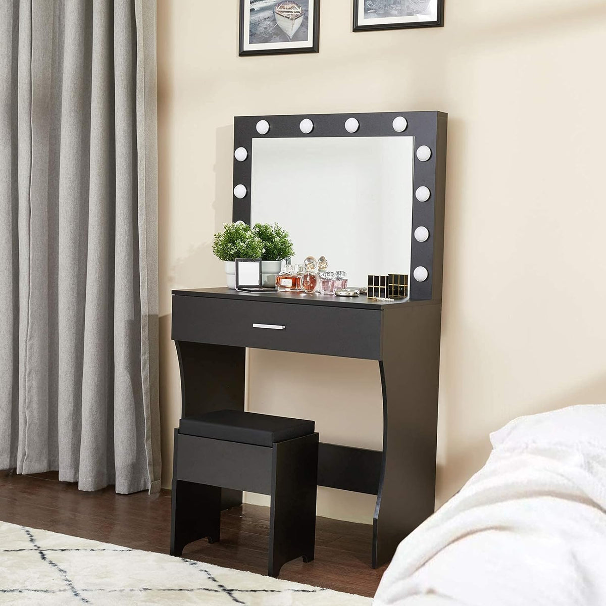Makeup Vanity Desk with Adjustable Brightness Mirror and Sturdy Wood Construction, 31.5-Inch, Black Finish