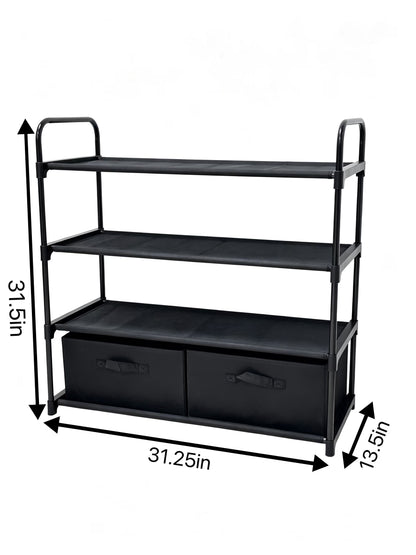 4-Shelf Closet Organizer with Two Fabric Bins, Black Metal Frame