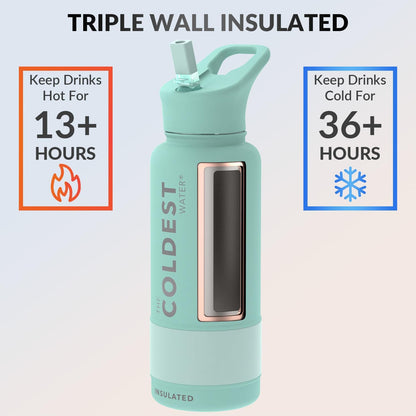 Coldest Stainless Steel Insulated Water Bottle with Straw Lid - 32 Oz Oceanic Green for Men and Women