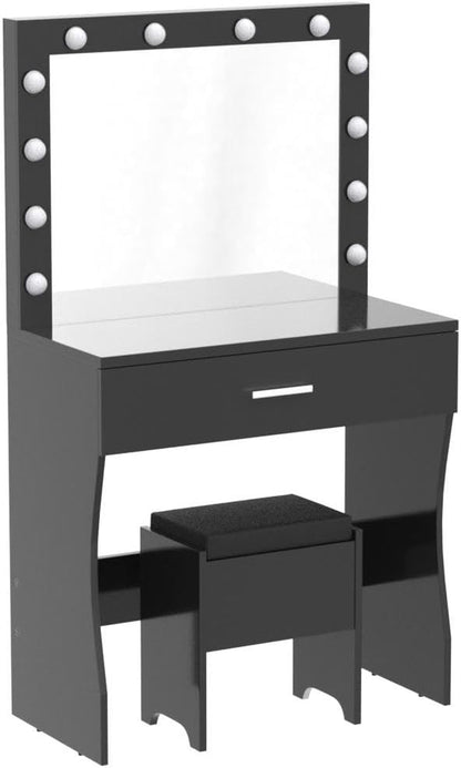 Makeup Vanity Desk with Adjustable Brightness Mirror and Sturdy Wood Construction, 31.5-Inch, Black Finish