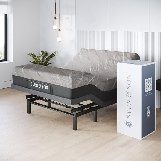 Sven & Son Harmony Adjustable Bed Base with Head and Foot Lift, Massage Function, Under-Bed Lighting, USB Ports, Gel Memory Foam, and Zero Gravity Smart Frame - Queen Size with 10-Inch Firm Memory Foam Mattress