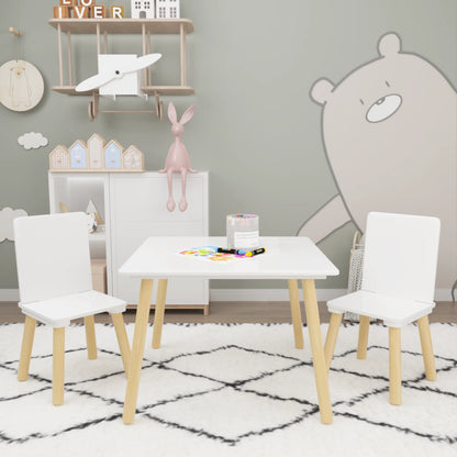 White Wooden 3-Piece Toddler Activity Table and Chair Set, Durable Solid Wood and MDF Construction, Compact Design for Indoor Use