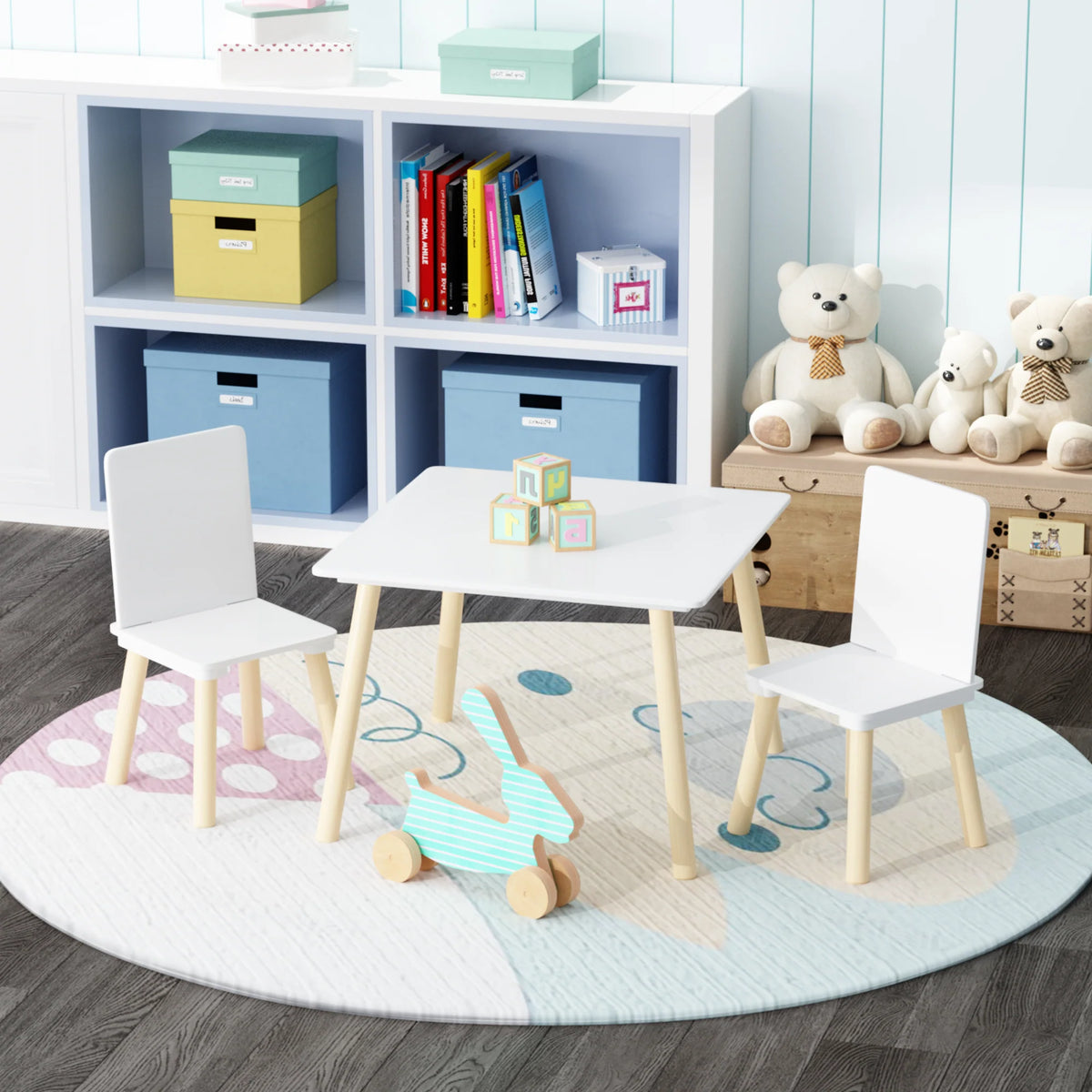 White Wooden 3-Piece Toddler Activity Table and Chair Set, Durable Solid Wood and MDF Construction, Compact Design for Indoor Use