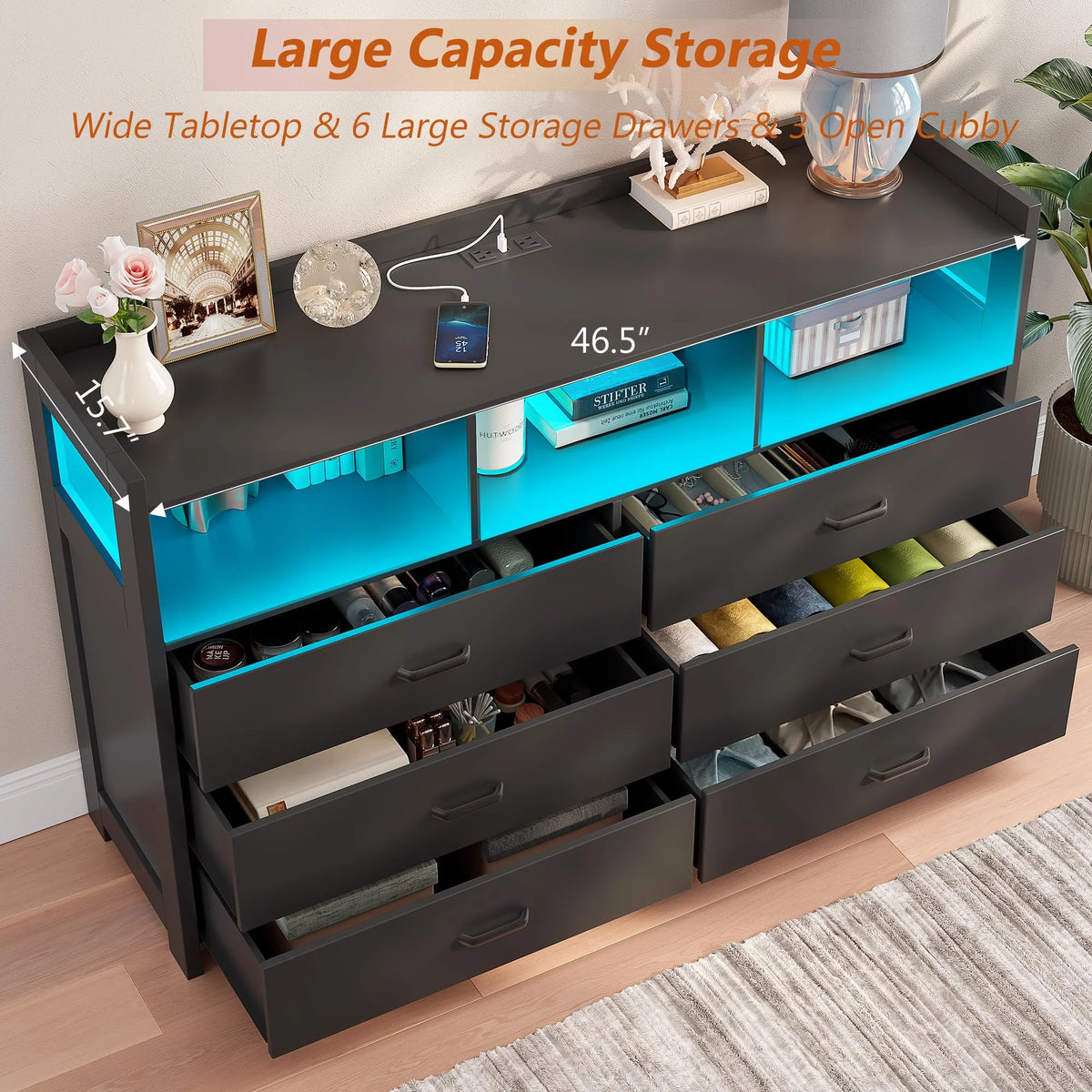 Modern Black Wooden Dresser with 6 Drawers and Integrated Power Outlets for Bedroom