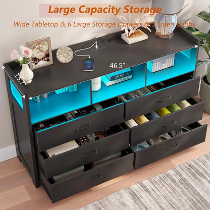 Modern Black Wooden Dresser with 6 Drawers and Integrated Power Outlets for Bedroom