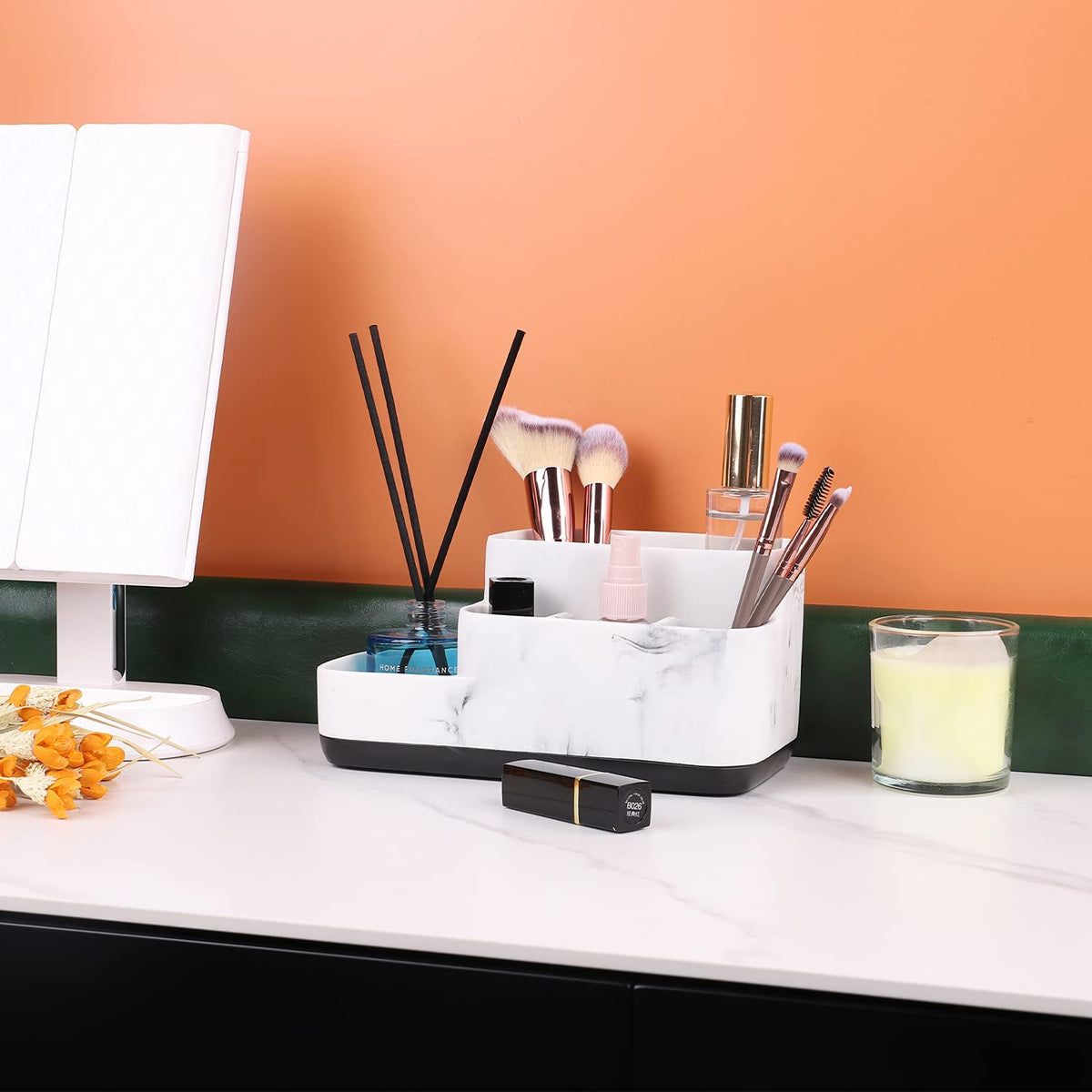 Multi-Functional Toothbrush Holder and Organizer - Elegant White Marble Countertop Storage for Makeup, Skincare, and Accessories