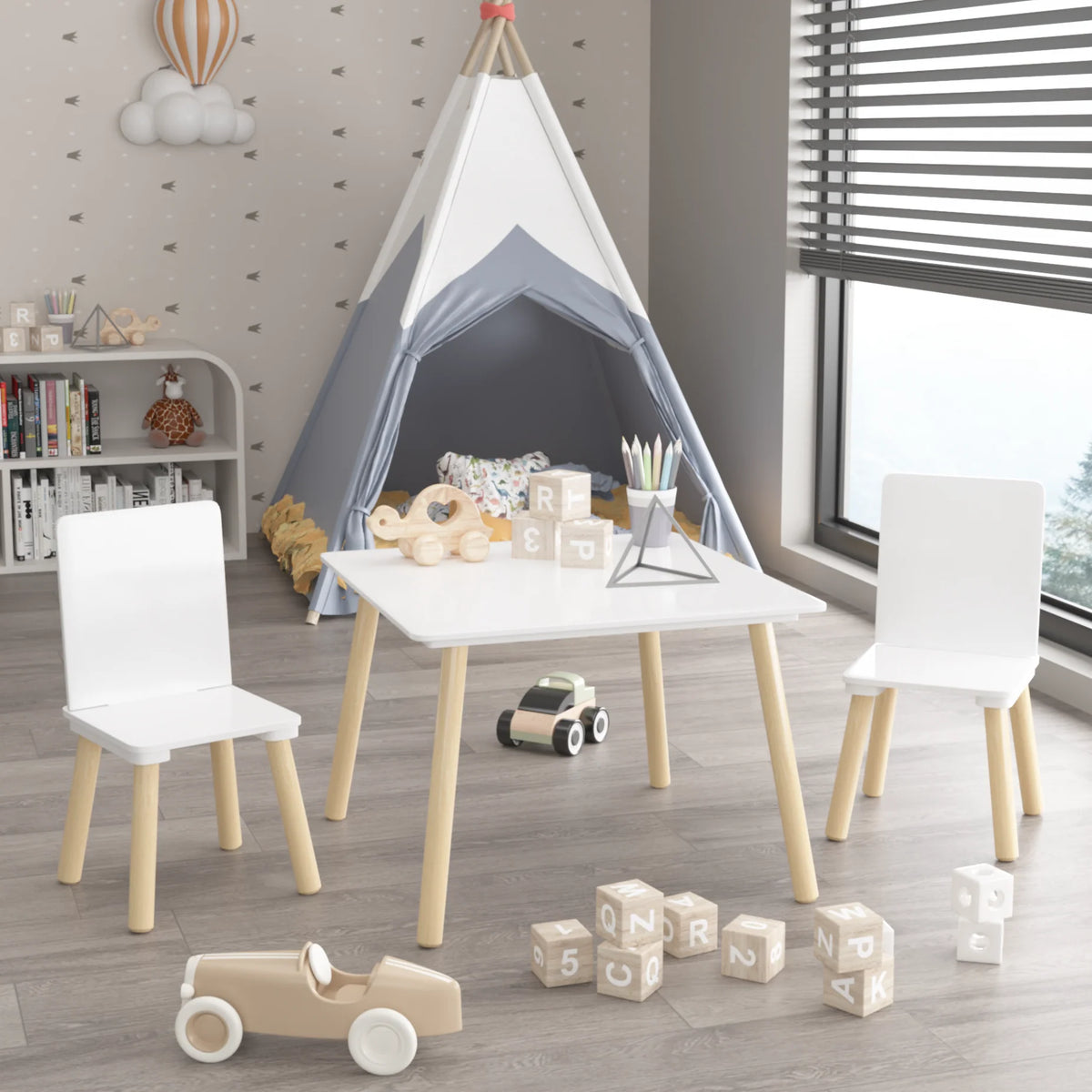 White Wooden 3-Piece Toddler Activity Table and Chair Set, Durable Solid Wood and MDF Construction, Compact Design for Indoor Use
