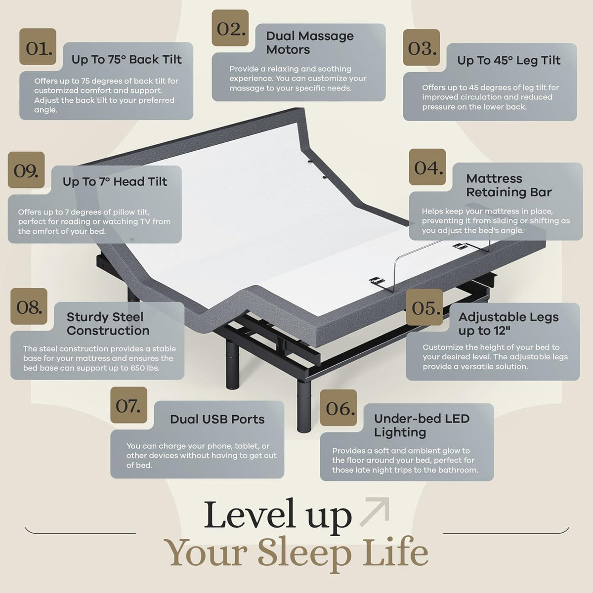 Sven & Son Harmony Adjustable Bed Base with Head and Foot Lift, Massage Function, Under-Bed Lighting, USB Ports, Gel Memory Foam, and Zero Gravity Smart Frame - Queen Size with 10-Inch Firm Memory Foam Mattress
