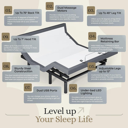 Sven & Son Harmony Adjustable Bed Base with Head and Foot Lift, Massage Function, Under-Bed Lighting, USB Ports, Gel Memory Foam, and Zero Gravity Smart Frame - Queen Size with 10-Inch Firm Memory Foam Mattress