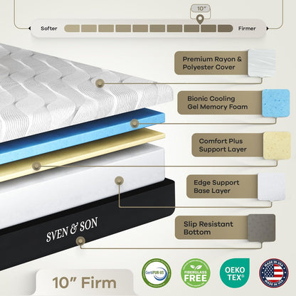 Sven & Son Harmony Adjustable Bed Base with Head and Foot Lift, Massage Function, Under-Bed Lighting, USB Ports, Gel Memory Foam, and Zero Gravity Smart Frame - Queen Size with 10-Inch Firm Memory Foam Mattress