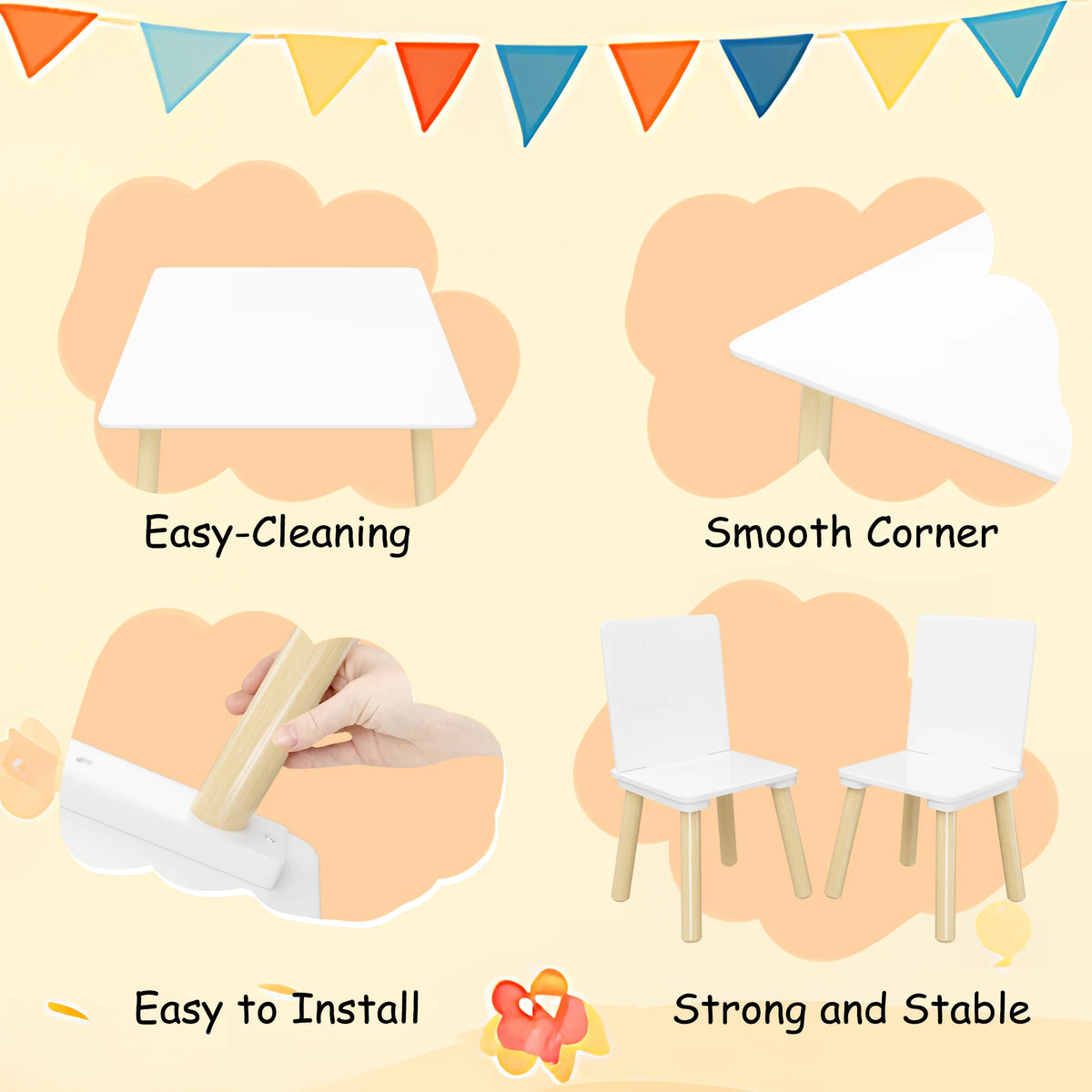 White Wooden 3-Piece Toddler Activity Table and Chair Set, Durable Solid Wood and MDF Construction, Compact Design for Indoor Use