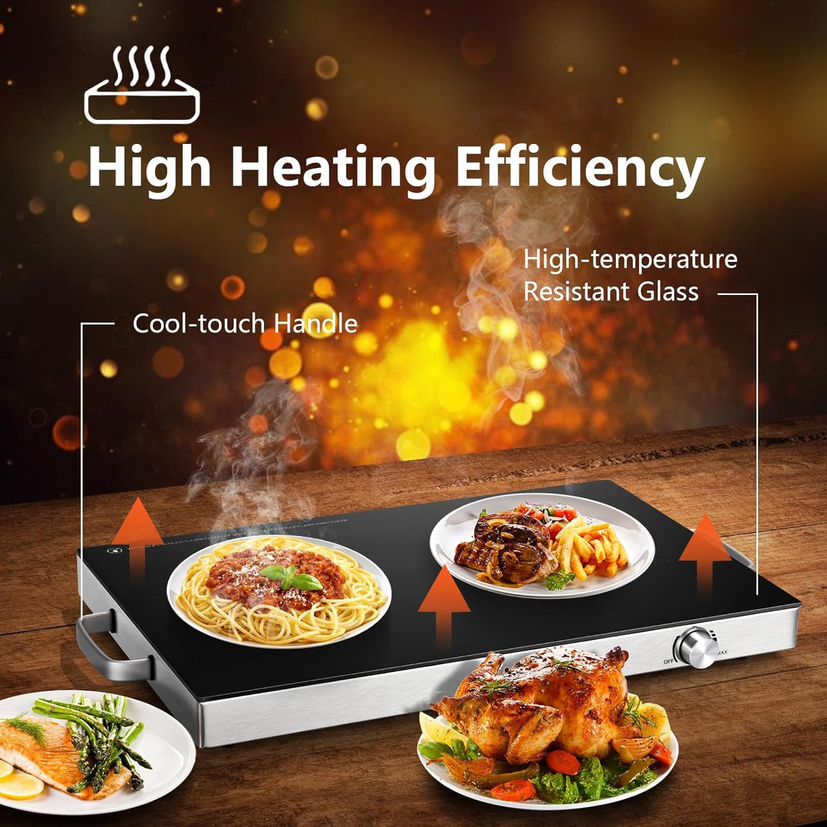 Electric Food Warmer Set - 2 Pack, 22'' x 15'' Adjustable Temperature Control, Tempered Glass Surface, Ideal for Buffets, Restaurants, and Events
